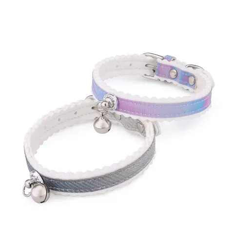 Adjustable Rainbow Gradient Pet Collar with Bell Rhinestone Detail for Cats and Small Dogs Lace Wavy Edge PU Neck Strap