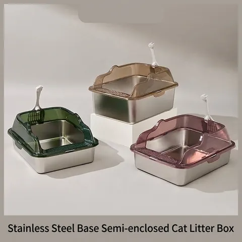 High Fence Stainless Steel Cat Litter Box Semi Enclosed Anti Splatter Large Metal Pet Toilet With Litter Scoop Sifter Pedal For Adult Cats