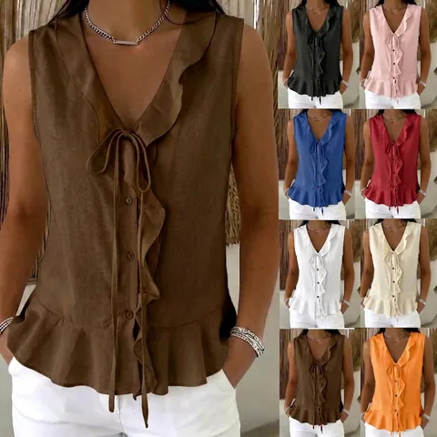 Women V-Neck Ruffle Tank Top Tie-Front Sleeveless Peplum Blouse Casual Polyester Solid Color Summer Top For Daily Vacation