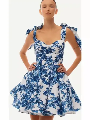 Women's Elegant Organza Floral Mini Dress Off-Shoulder Bow Straps Sexy A-Line Ethereal Party Evening Dress For Banquet Wedding