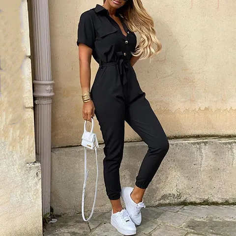Women's Fashion Casual Solid Color High Waist Jumpsuit Lapel Short Sleeve Button Romper With Tie Waist Polyester Spandex One-Piece