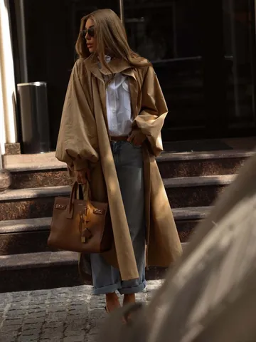 Women High End Stand Collar Long Trench Coat Oversized Lantern Sleeve Side Slit Casual Fashion Windbreaker Overcoat Outerwear
