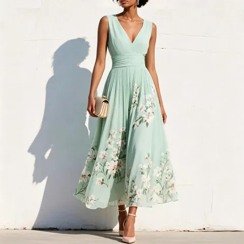 Robe Longue pour Femmes Sans Manches Col en V Imprimé Floral Plissé Élégant Ligne A Robe d'Été pour Plage Vacances Soirée