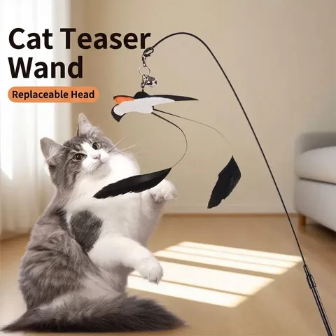 Interactive Swallow Bird Cat Teaser Wand Toy with Natural Feathers and Bell Sound Pet Catcher Wand Replacement Head