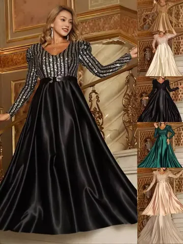 Women Deep V-Neck Sequin Evening Gown Long Princess Sleeve Trailing Satin Large Swing Banquet Party Elegant Maxi Dress