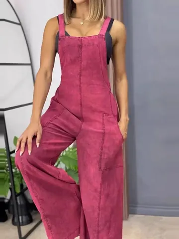 Women Casual Wide Leg Jumpsuit Sleeveless Overalls With Pockets Summer Fashion Polyester One-Piece Long Pants Outfit