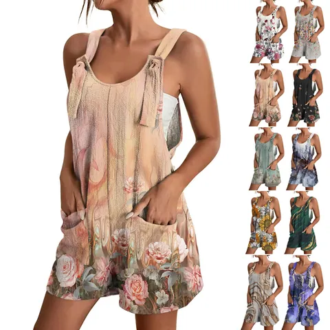 Women Casual Polyester V Neck Sleeveless Floral Printed Romper With Pockets Summer Beach Vacation Loose Fit Jumpsuit