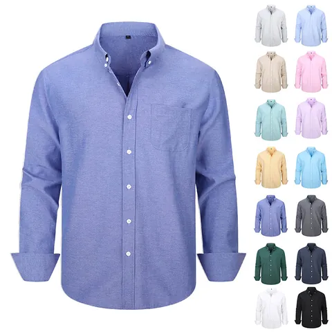 Men's Casual Long Sleeve Oxford Shirt Button Down Solid Color Cotton Blend Dress Shirt with Chest Pocket