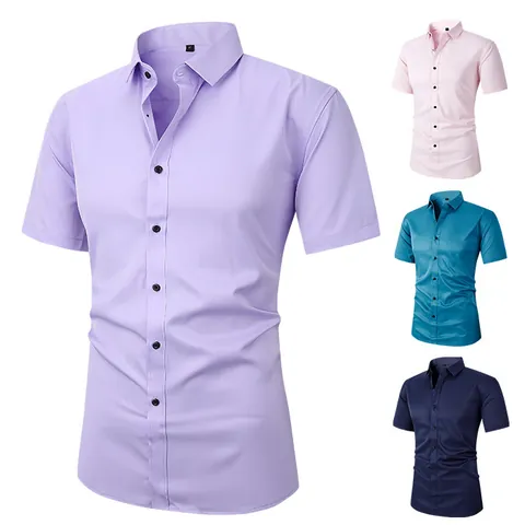 Men Short Sleeve Button Down Shirt Business Casual Slim Fit Elastic Anti-wrinkle Polyester Spandex Top Shirt