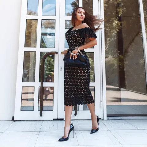 Women Elegant Lace Midi Dress Square Neck Puff Sleeve Hollow Out Crocheted Floral Party Dress Bodycon Slim Fit Office Lady Clothing