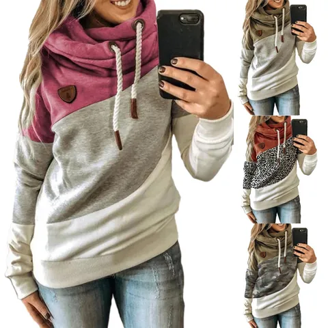 Women Casual Color-block Cowl Neck Sweatshirt Long Sleeve Patchwork Hoodie Loose Fit Fleece Hooded Pullover Top For Autumn Winter