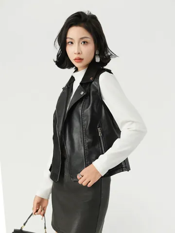 Gilet da Donna in Pelle PU Casual Stile Biker Collo a Revers Giacca Senza Maniche Con Cerniere Fibbie Tinta Unita Nero Top