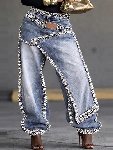 Women Deconstructed Layered Rhinestone Denim Jeans High Waist Straight Wide Leg Washed Casual Bottom Pants Fashion Streetwear