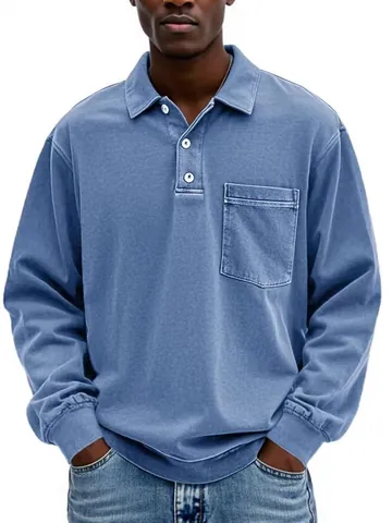 Polo de Manga Larga para Hombre Lavado Vintage Color Sólido Solapa con Botones Bolsillo en el Pecho Polo Casual Holgado de Poliéster