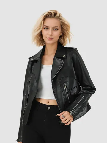 Women's Black Biker PU Leather Jacket Faux Leather Short Moto Coat with Lapel Asymmetric Zipper Commuter Autumn Outerwear