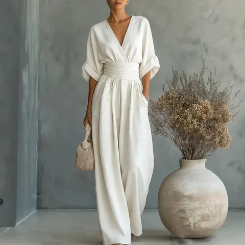 Women's Elegant V Neck Wide Leg Jumpsuit High Waist Pleated Waist Cinching Polyester One Piece Romper Casual Long Playsuit