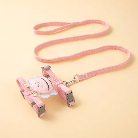 Cute Cartoon Bee Dog Harness And Leash Set Soft Corduroy H-Shaped Chest Strap For Small Dogs Cats Adjustable Pet Walking Leads Set