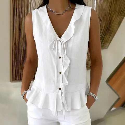 Women V-Neck Ruffle Tank Top Tie-Front Sleeveless Peplum Blouse Casual Polyester Solid Color Summer Top For Daily Vacation