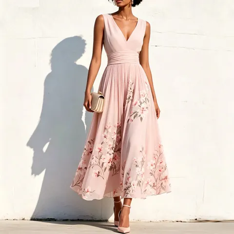 Robe Longue pour Femmes Sans Manches Col en V Imprimé Floral Plissé Élégant Ligne A Robe d'Été pour Plage Vacances Soirée