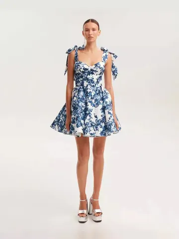 Women's Elegant Organza Floral Mini Dress Off-Shoulder Bow Straps Sexy A-Line Ethereal Party Evening Dress For Banquet Wedding