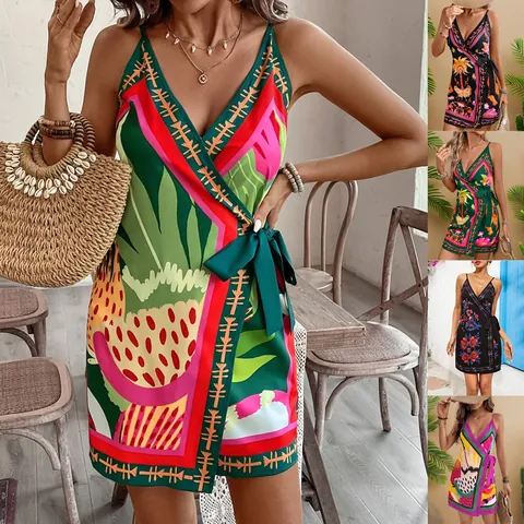 Women Sexy Fashion Digital Print Lace-up V-neck Cami Dress European American Style Polyester Tropical Floral Wrap Mini Dress Vacation Wear
