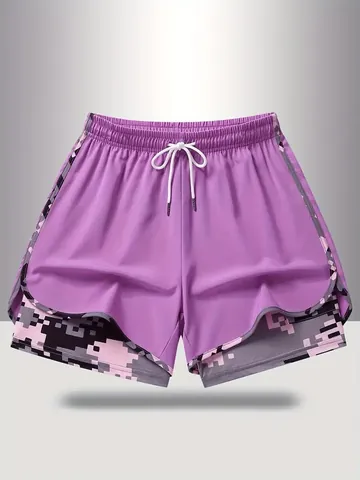 Women's Casual Sports Shorts Two-In-One Design With Camo Lining Drawstring Waist Pockets Running Gym Fitness Bottom