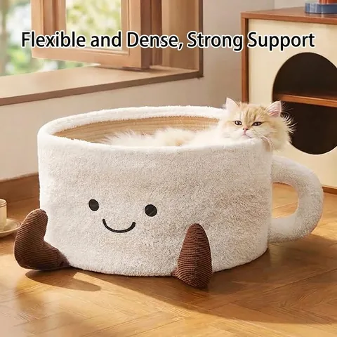 Creative Cup Shaped Cat Bed With Built In Scratcher Mat Semi Enclosed Pet House For Indoor Cats Soft Plush Four Seasons Universal Kitten Sleeping Bed