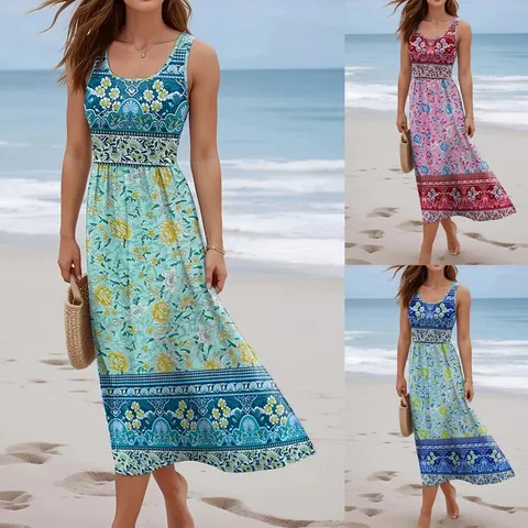 Women Bohemian Floral Printed Maxi Dress Sleeveless Beach Vacation Tank Dress Polyester Round Neck A-Line Long Dress For Summer Casual