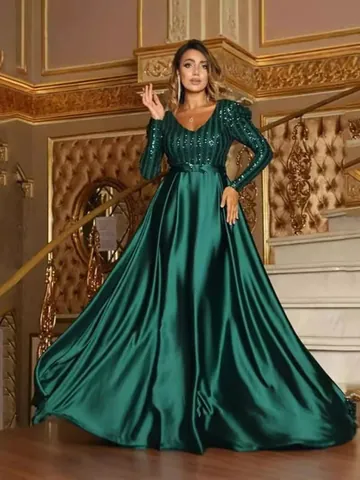 Women Deep V-Neck Sequin Evening Gown Long Princess Sleeve Trailing Satin Large Swing Banquet Party Elegant Maxi Dress
