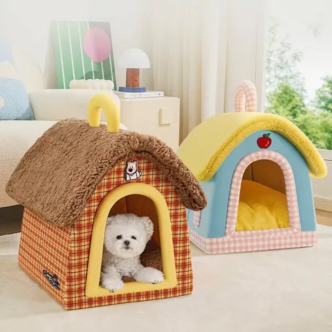 Winter Indoor Pet House Villa Semi-Enclosed Warm Plush Dog Bed Cat Cave PP Cotton Foldable Portable Pet Sleeping Nest House