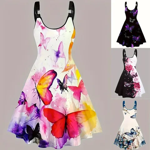 Robe Camisole Sexy Pour Femme Avec Impression 3D Papillon Été Sans Manches Ligne A Robe Midi Polyester Spandex