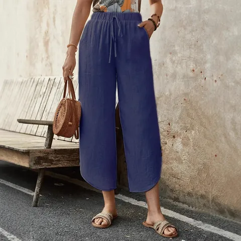Women Casual Cotton Straight Leg Cropped Pants Solid Color Drawstring Mid Waist Trousers With Pockets Loose Fit Bottoms