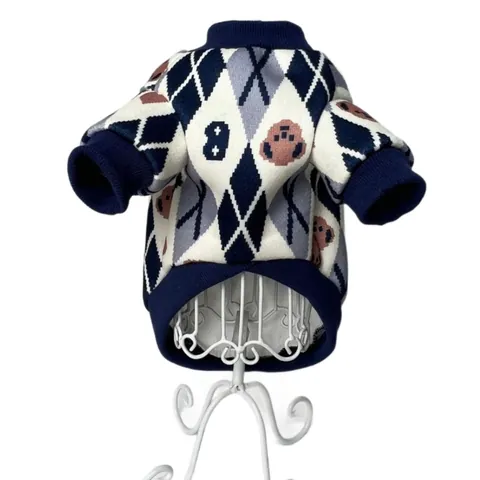 Casual Argyle Bear Print Dog Sweatshirt With D-Ring Leash Attachment Autumn Winter Warm Knitted Pet Clothes For Small Dogs