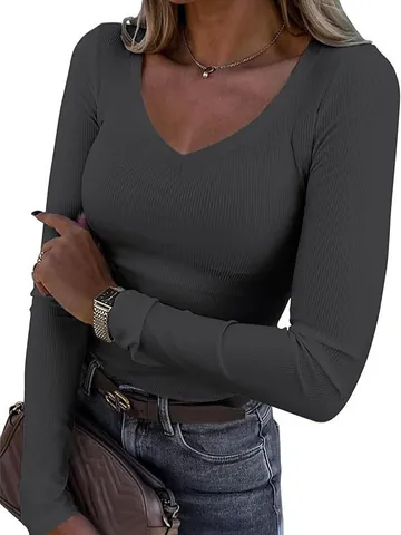 Women Ribbed V-Neck Slim Fit Long Sleeve T-Shirt Sexy Casual Solid Color Polyester Top For Daily Wear