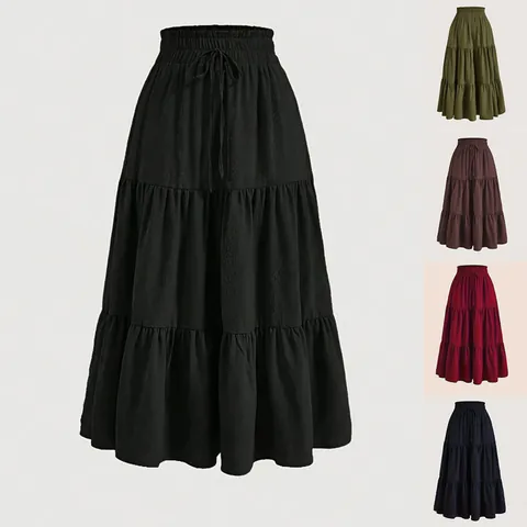 Plus Size Tiered Maxi Skirt For Women Polyester High Waist Elastic Drawstring Flared Long Bottom Casual Party A-Line Skirt