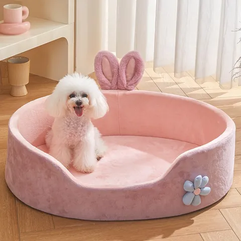 Cama para Mascotas Rosa con Orejas de Conejo Cuatro Estaciones Sofá de Felpa Suave para Perros y Gatos Extraíble y Lavable