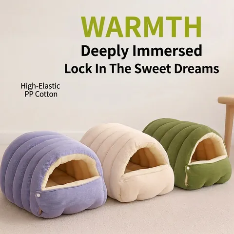 Enclosed Pet Bed Cave House Winter Warm Washable Corduroy Arctic Fleece Indoor Deep Sleep Dog Cat Nest Cave Cushion