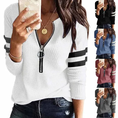 Women's Loose V-Neck Zipper T-Shirt Autumn Winter Polyester Patchwork Long Sleeve Waffle Knit Casual Streetwear Top