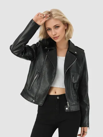 Women's Black Biker PU Leather Jacket Faux Leather Short Moto Coat with Lapel Asymmetric Zipper Commuter Autumn Outerwear