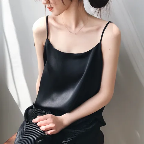 Women Elegant Satin Spaghetti Strap Camisole Sleeveless V-Neck Summer Glossy Solid Color Top For Outerwear Or Layering