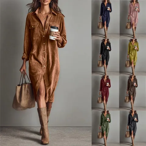 Women Solid Color Corduroy Long Sleeve Shirt Dress Lapel Button Down Loose Straight Midi Dress Casual Streetwear Fashion