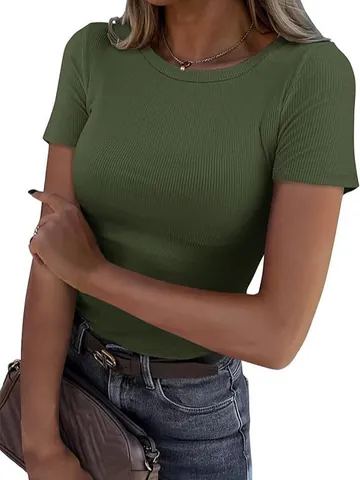 Camiseta de Manga Corta Acanalada para Mujer Minimalista Color Sólido Cuello Redondo Ajustada Top de Punto Poliéster Spandex Moda