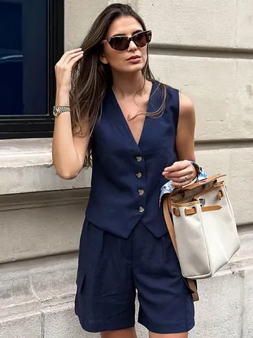 Top y Bottom de Algodón para Mujer Cuello en V Sin Mangas Chaleco de Botonadura Sencilla Pantalones Cortos Cargo Conjunto Verano Azul Marino