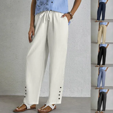 Women's Casual Cotton Linen Straight Leg Pants Drawstring Mid Waist Trousers With Hollow Lace And Button Hem Pockets