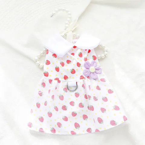 Schattige Huisdier Jurk Met Aardbeienprint Peter Pan-kraag Gaaszoom Hond Zomer Prinsessenkleding Voor Puppies En Kleine Katten