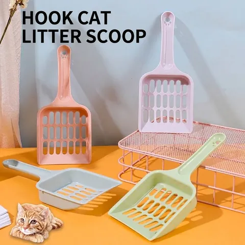 Macaron Plastic Cat Litter Shovel Hollow Grid Sifting Scoop with Cat Paw Hanging Hole Ergonomic Handle Pet Waste Cleaner