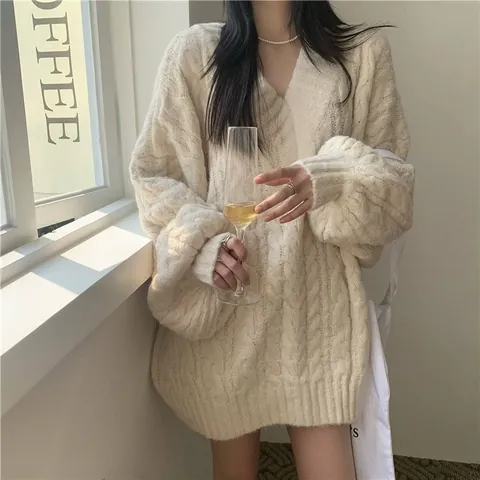 Maglione da Donna Oversize Scollo a V Lavorato a Trecce Ispessito Pullover Largo Manica Lunga Caldo Maglia per Autunno Inverno