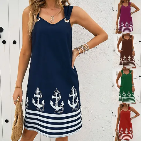 Women V Neck Sleeveless Tank Dress Nautical Anchor Print Striped Hem Casual Summer A Line Midi Dress Polyester Beachwear