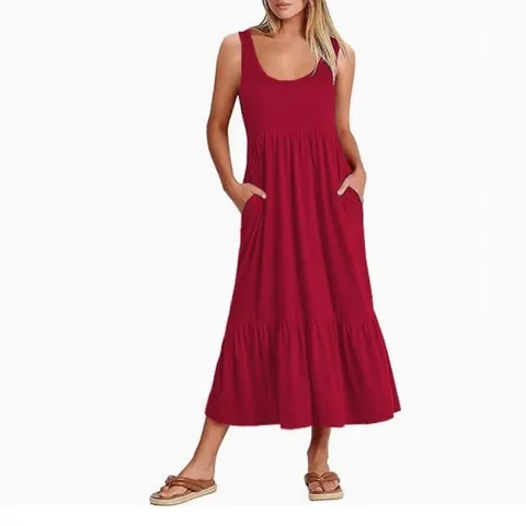 Women Summer Sleeveless Tank Maxi Dress Casual Flowy Tiered Beach Dress With Pockets Elegant Solid Color Polyester Dress