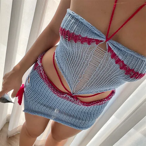 Sexy Women Knit Two Piece Set Color Block Halterneck Bandeau Top And Hollow Out Mini Skirt Summer Vacation Beachwear